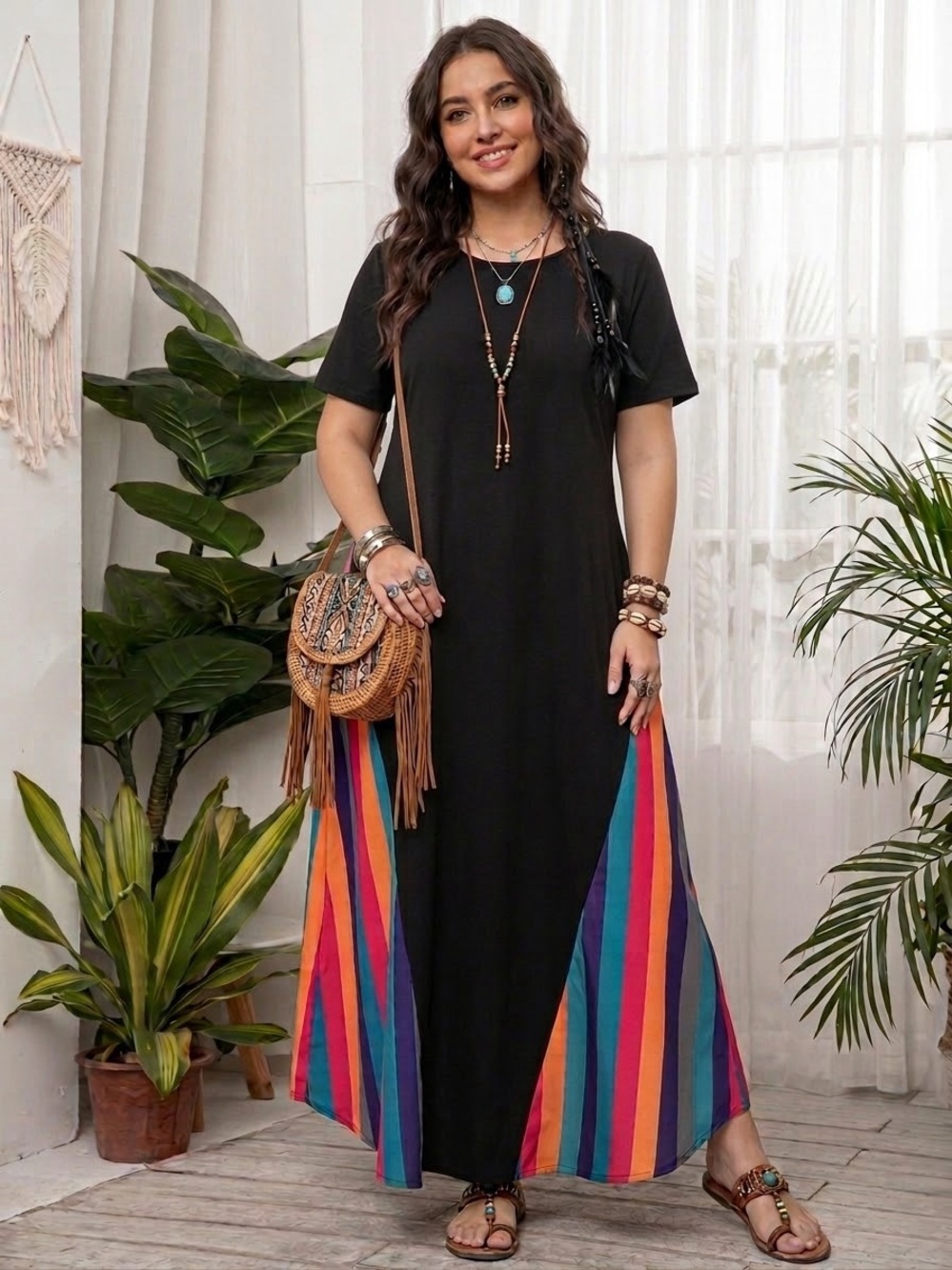 Black Maxi Dress with Multicolor Stripe Panels